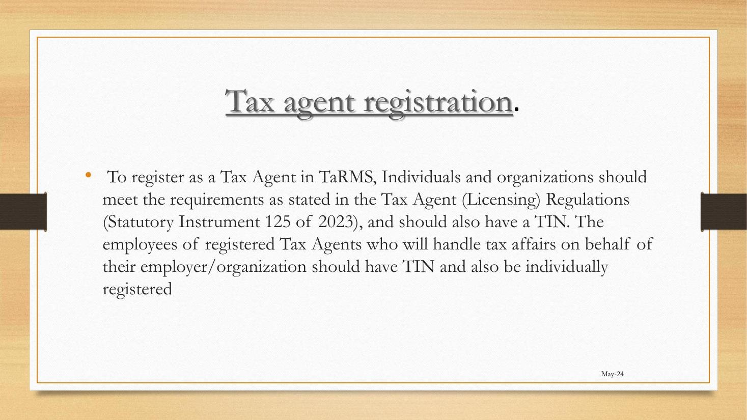 Workshop slide on Tax Agent eligibility under SI 125 of 2023