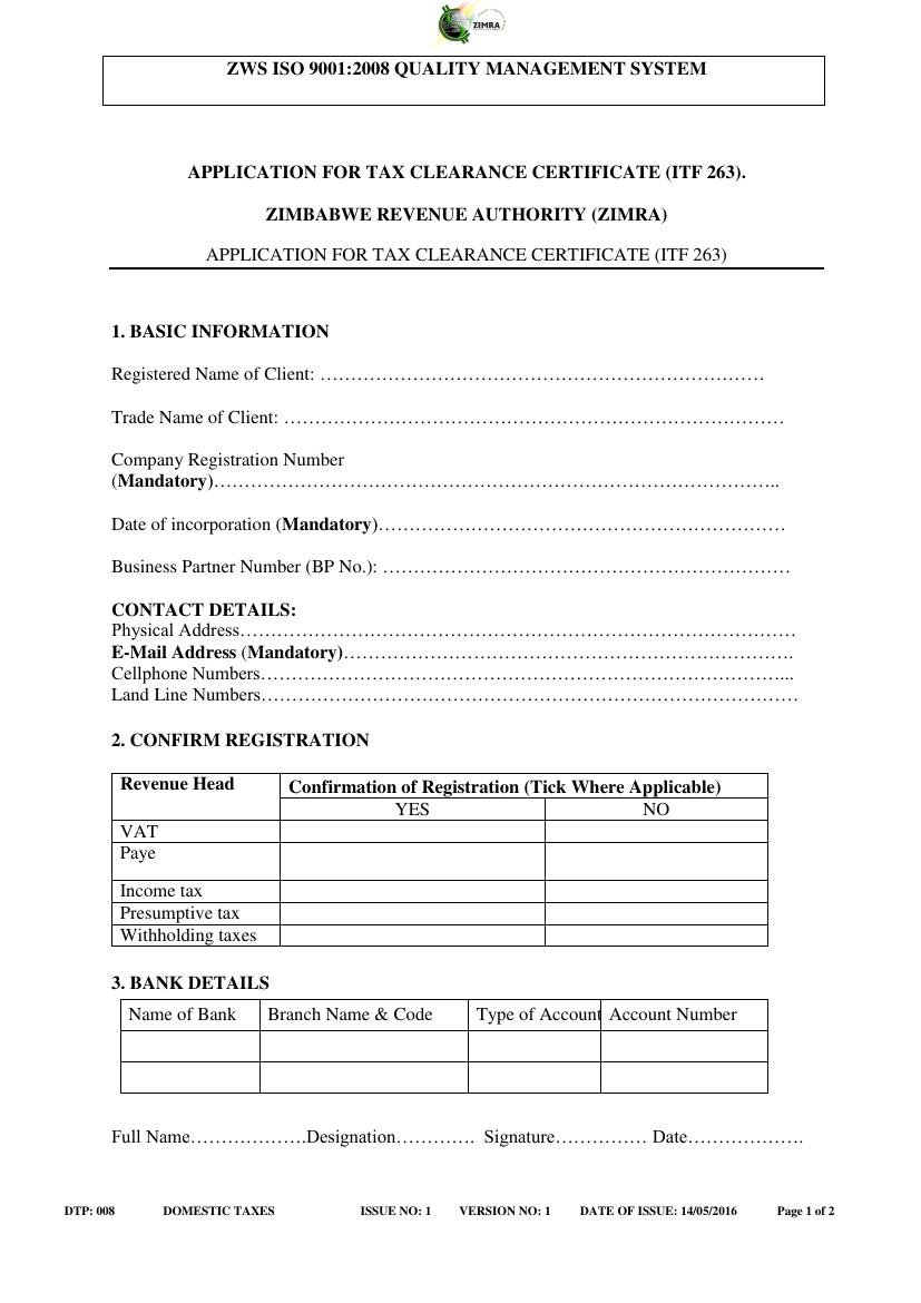 ITF 263 Application Form, page 1