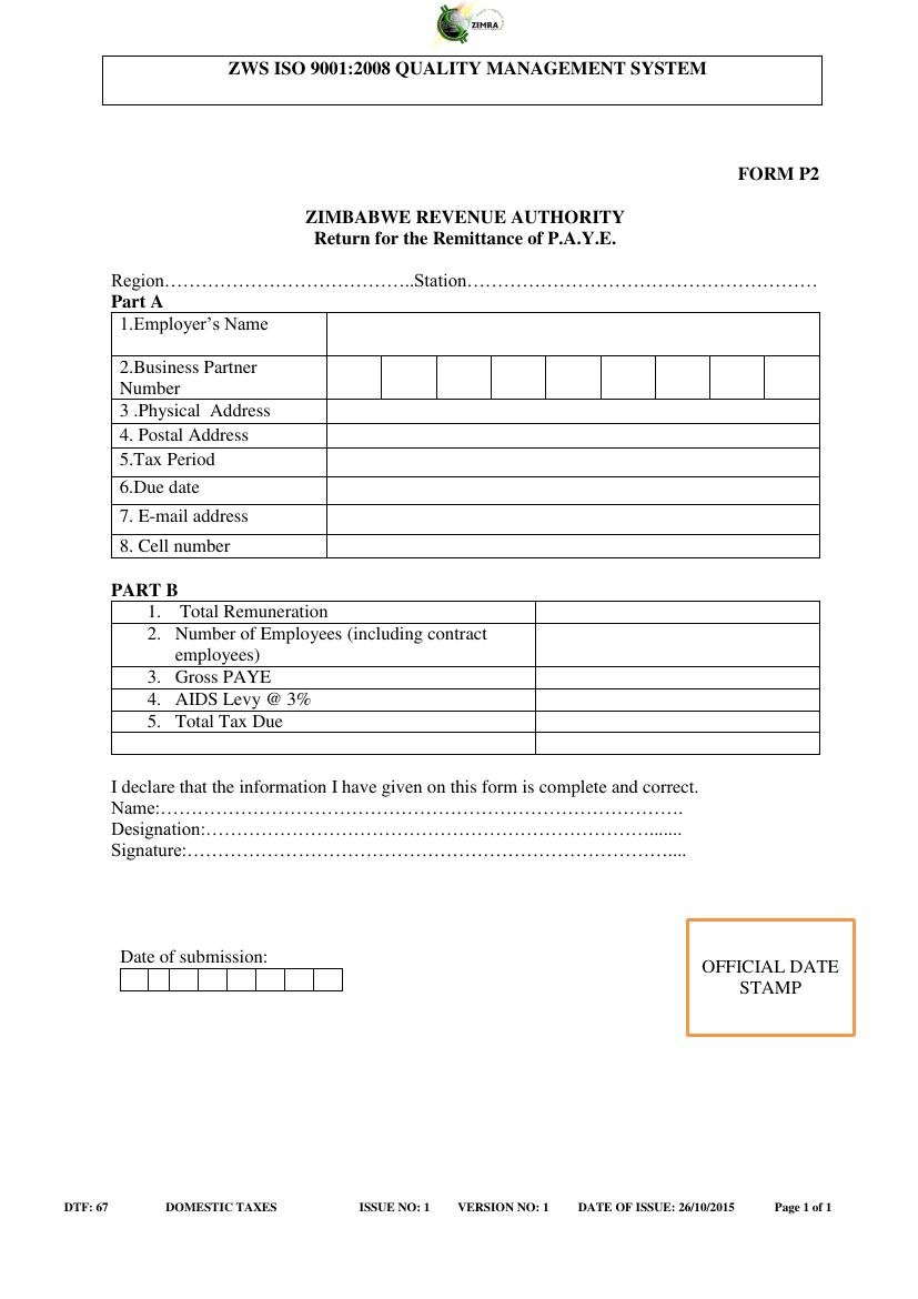 P2 Return for Remittance of PAYE form