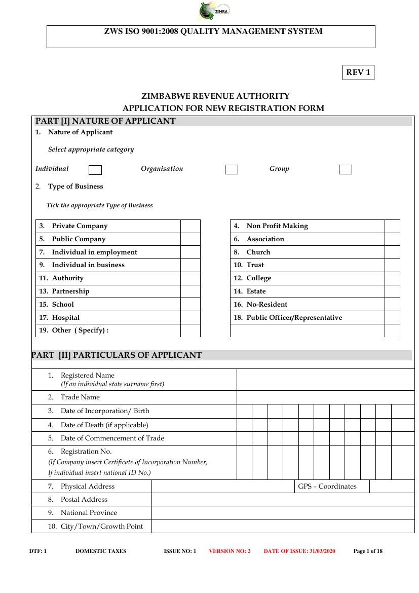 ZIMRA Form REV 1 — Application for New Registration, page 1