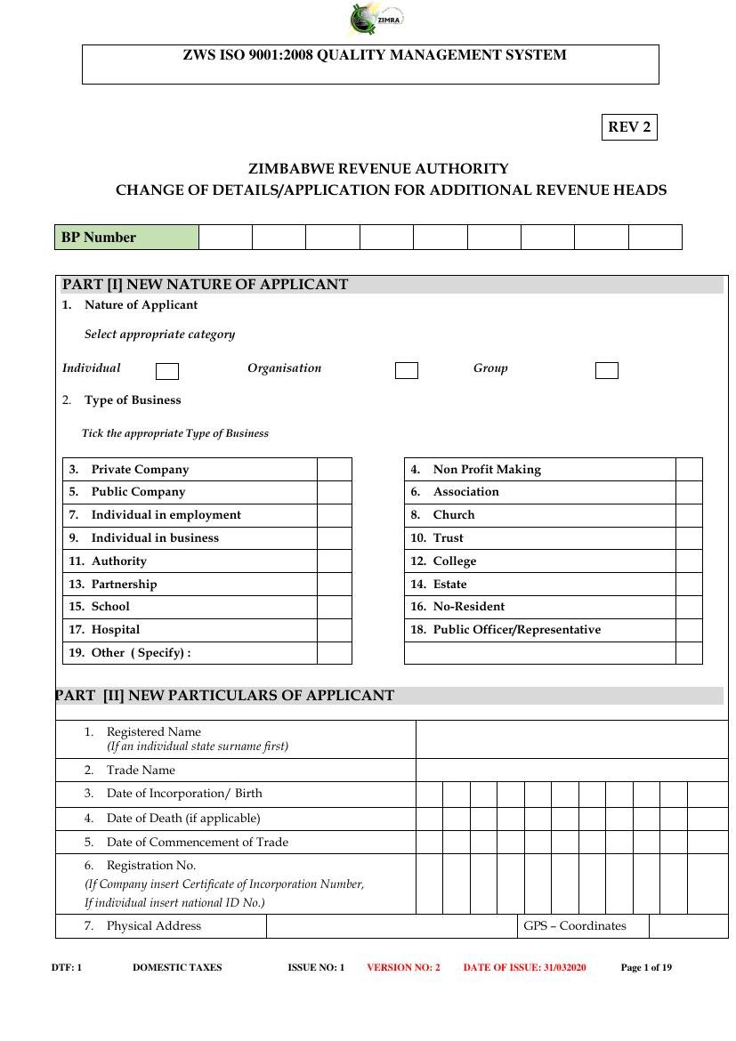 Form REV 2 — Change of Details / Application for Additional Revenue Head