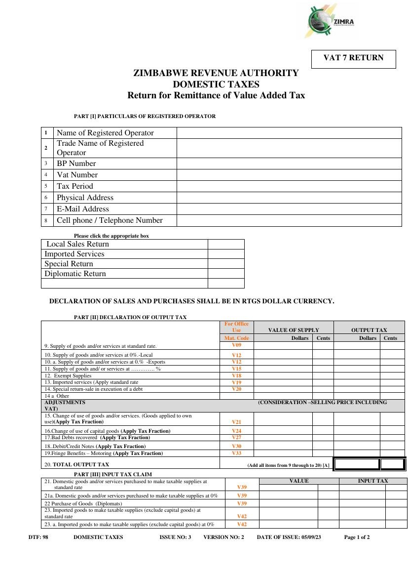 VAT 7 Return form, page 1