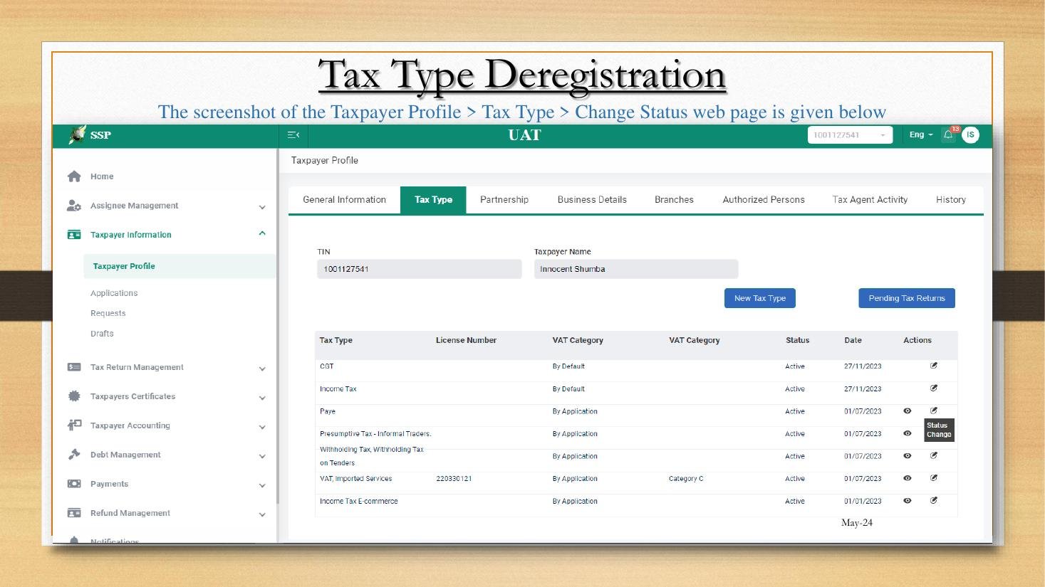 The Taxpayer Profile Tax Type tab showing multiple registered tax heads