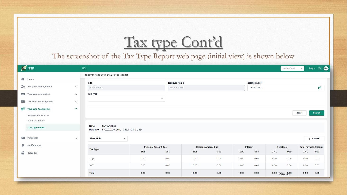 The SSP taxpayer dashboard showing Tax Type Report