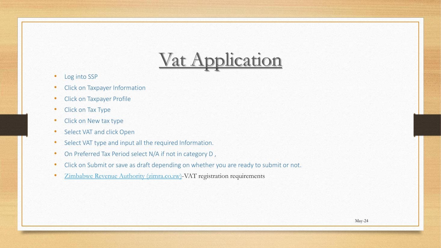 VAT Application steps screen